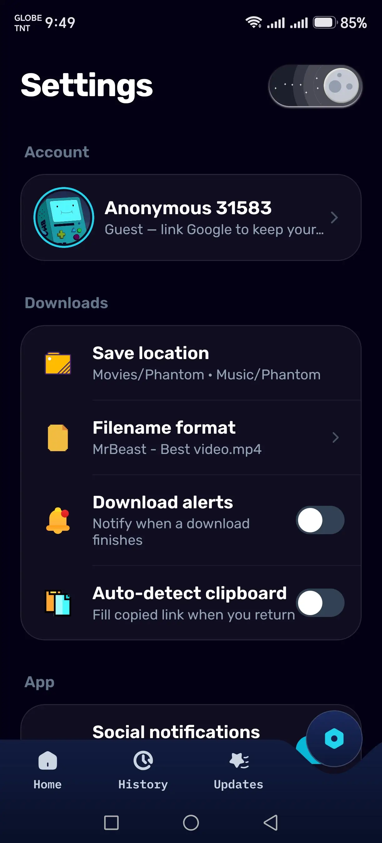 Phantom Settings screen